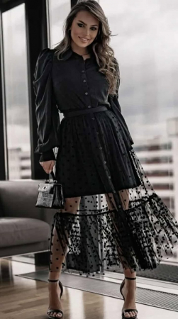 Rochii - Rochie neagra midi din tull cu buline