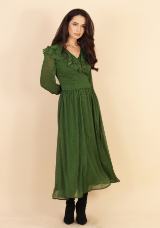 Femei - Rochie vaporoasa cu volane verde olive