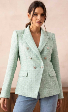 Sacou verde menta din tweed premium cu nasturi metalici [2]
