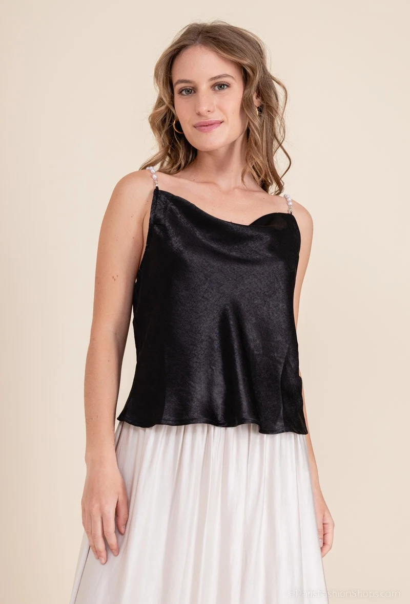 Top negru satinat cu bretele din margele tip perla [2]