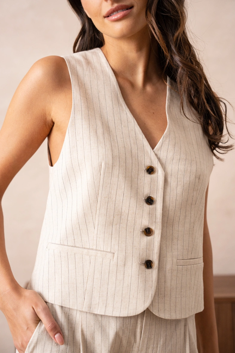 Veste - Vesta dama bej din in cu dungi fine