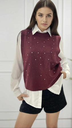 Veste - Vesta tricot bordo cu pietre aplicate