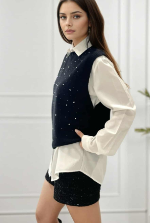 Pulovere - Vesta tricot neagra cu pietre aplicate