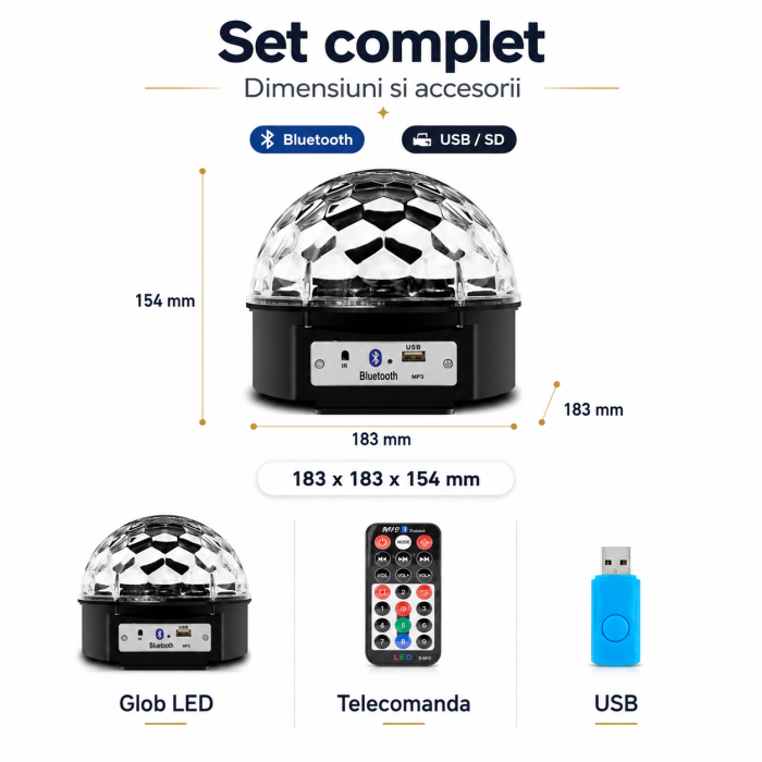 Glob disco LED cu difuzor Bluetooth, USB/SD, proiector RGB si telecomanda [3]