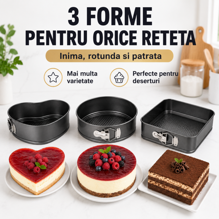 Set 3 forme tort antiaderente, inima, rotunda si patrata, cu baza detasabila, culoare negru [5]