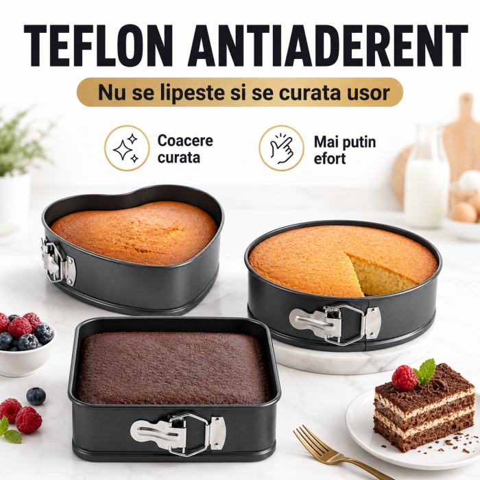 Set 3 forme tort antiaderente, inima, rotunda si patrata, cu baza detasabila, culoare negru [3]