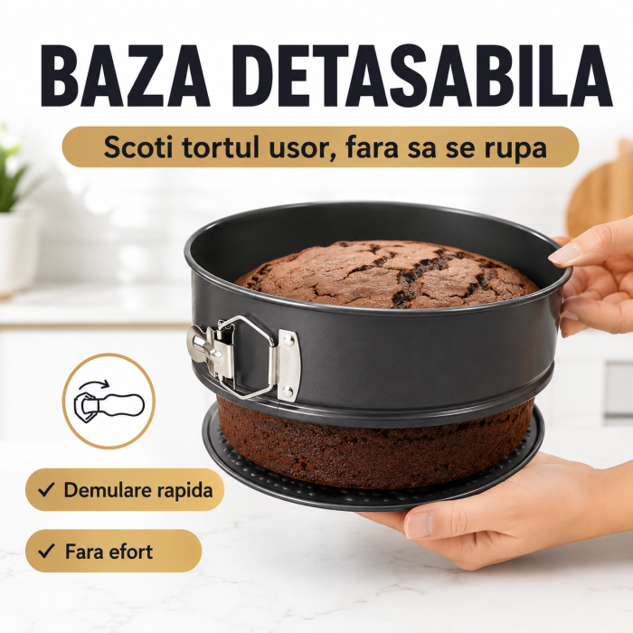 Set 3 forme tort antiaderente, inima, rotunda si patrata, cu baza detasabila, culoare negru [2]