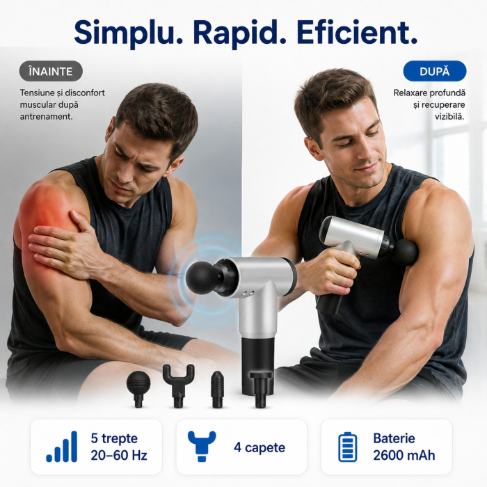 Aparat de masaj Gun, 5 trepte 20-60 Hz, 4 capete, baterie 2600 mAh, autonomie pana la 3 ore [4]