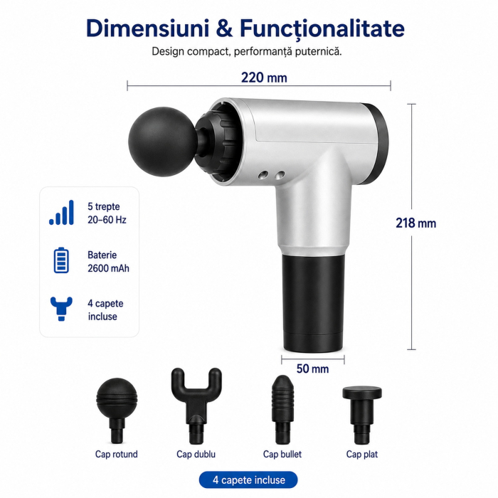 Aparat de masaj Gun, 5 trepte 20-60 Hz, 4 capete, baterie 2600 mAh, autonomie pana la 3 ore [6]