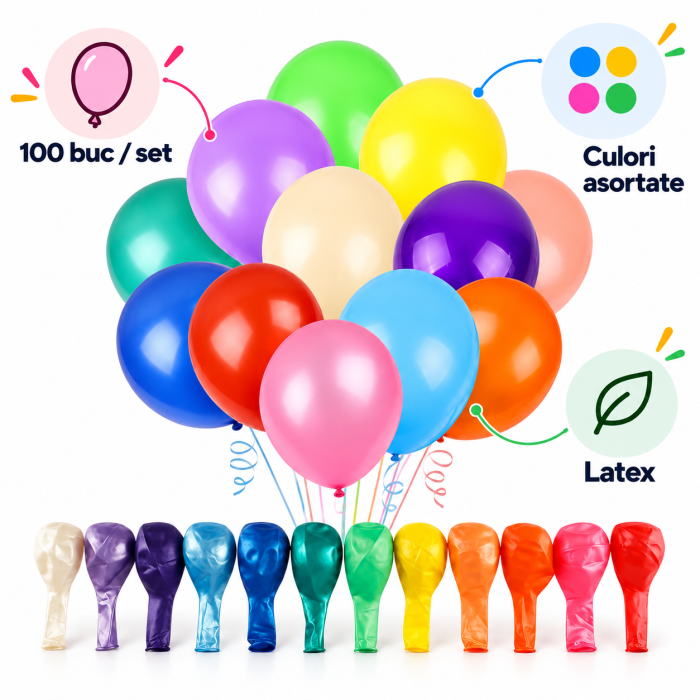 Set 100 baloane latex multicolore pentru petreceri, aniversări și decorarea evenimentelor. [6]
