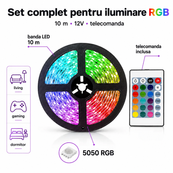 Banda LED RGB 10m 5050 cu Bluetooth App si Telecomanda [4]