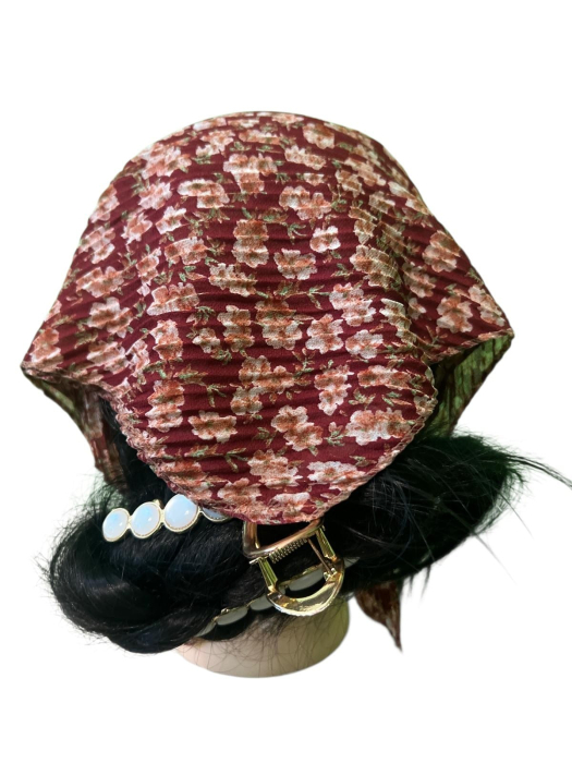 Baticut plisat pentru femei, bordo cu imprimeu floral crem si roz pudrat, accesoriu de cap feminin elegant. [2]