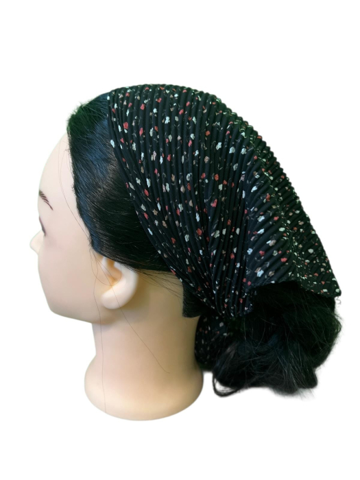 Baticut plisat pentru femei, negru cu imprimeu floral multicolor, accesoriu de cap feminin modern si confortabil. [1]