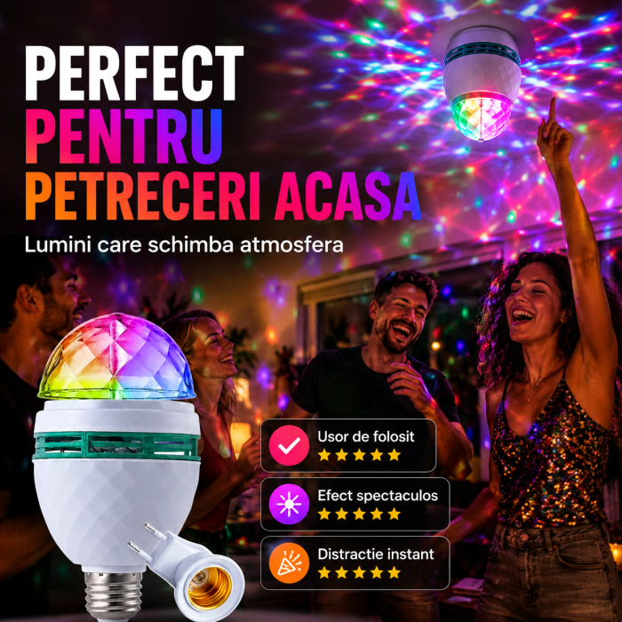 Bec rotativ LED multicolor disco 3W, E27, cu adaptor priza, alb [5]