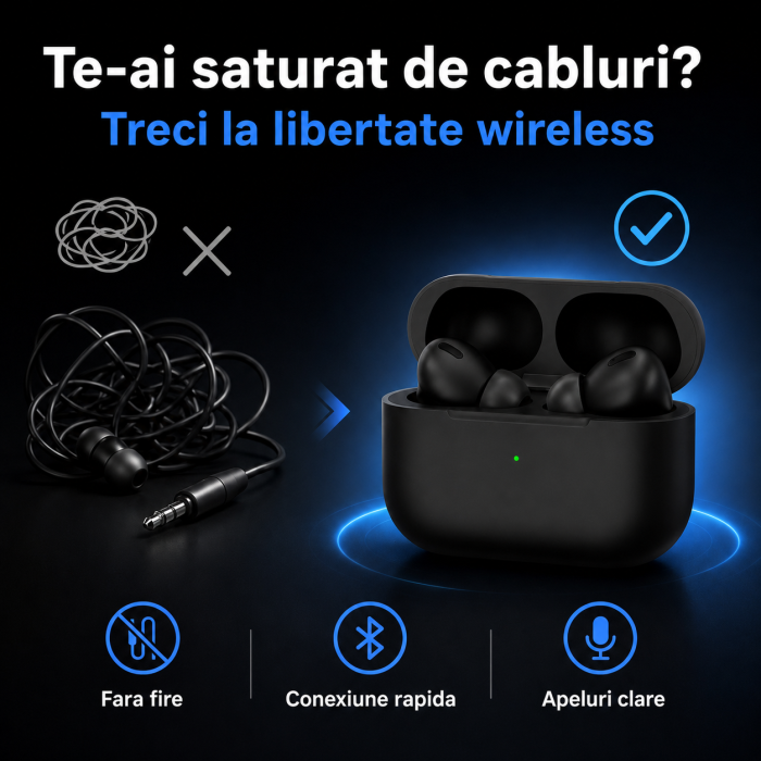 Casti Bluetooth Pro 3 - Sunet HD, Dual True Stereo, Microfon, Touch, Negru, gadget modern - imagine principala produs [3]
