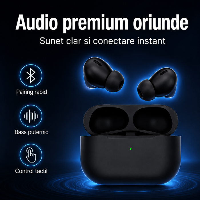Casti Bluetooth Pro 3 - Sunet HD, Dual True Stereo, Microfon, Touch, Negru, gadget modern - imagine principala produs [4]