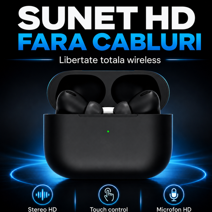 Casti Bluetooth Pro 3 - Sunet HD, Dual True Stereo, Microfon, Touch, Negru, gadget modern - imagine principala produs [2]