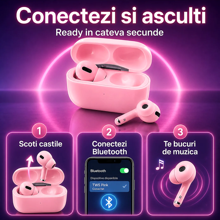 Casti Bluetooth Pro 3 - Sunet HD Dual True Stereo, Microfon, Touch, Roz, gadget modern - imagine principala produs [4]