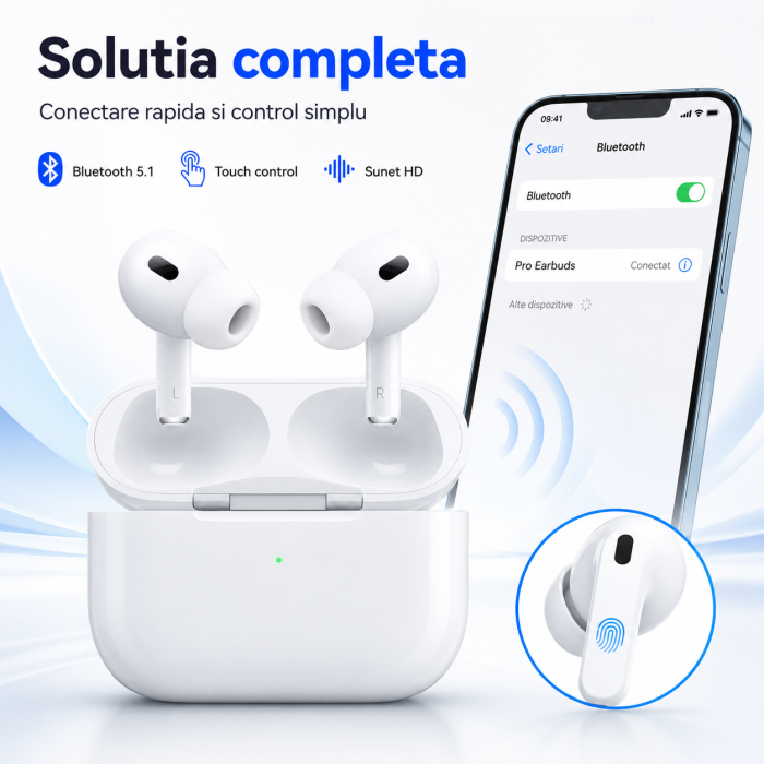 Casti intraauriculare wireless - Sunet HD, Bluetooth 5.1 rapid si control tactil, + 1 mini cadou, Alb | alb, gadget modern - imagine principala produs [3]