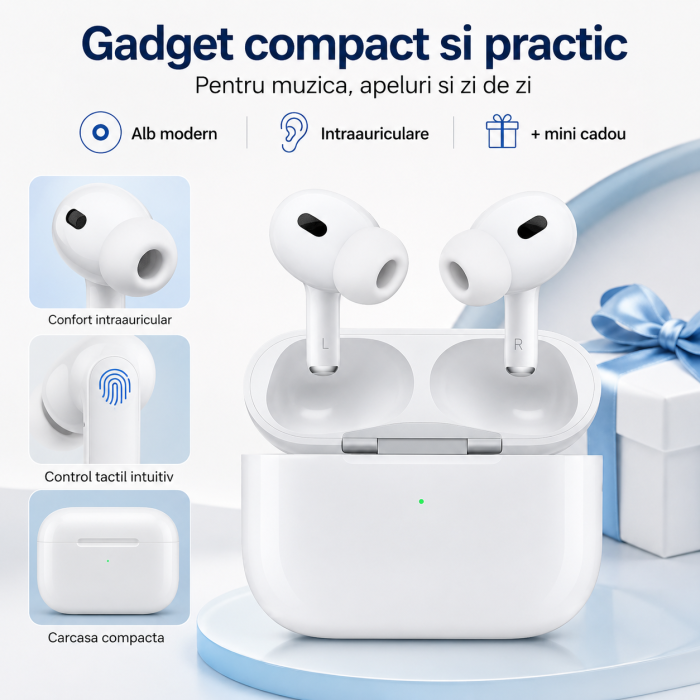 Casti intraauriculare wireless - Sunet HD, Bluetooth 5.1 rapid si control tactil, + 1 mini cadou, Alb | alb, gadget modern - imagine principala produs [5]