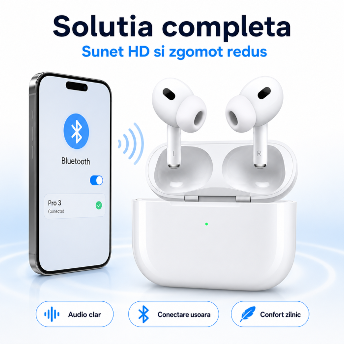 Casti wireless Pro 3, sunet HD, reducere zgomot, autonomie 24h, Alb, gadget modern - imagine principala produs [4]