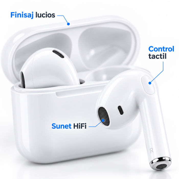 Casti wireless TWS i12 albe cu Bluetooth 5.0, control Touch, microfon si cutie de incarcare, compatibile Android si iOS. [5]