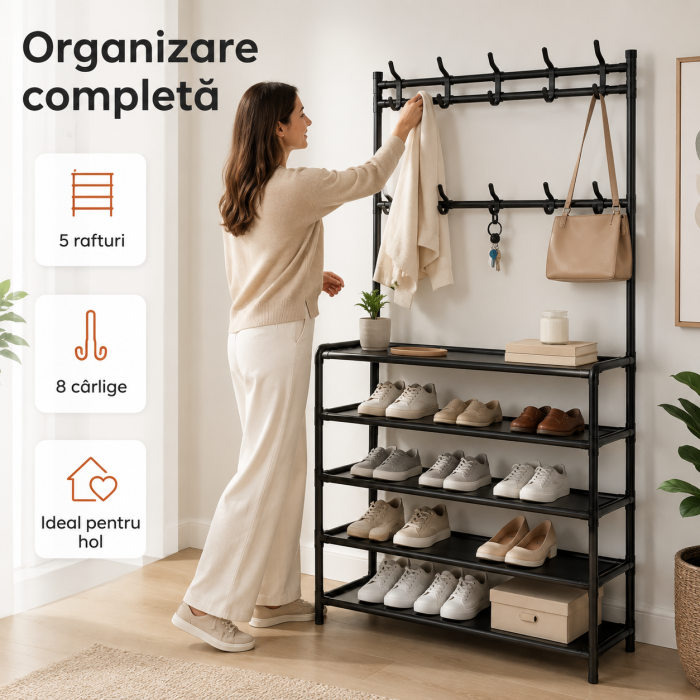 Cuier metalic multifunctional cu 5 rafturi si 8 carlige, 168x60x26 cm, negru [2]