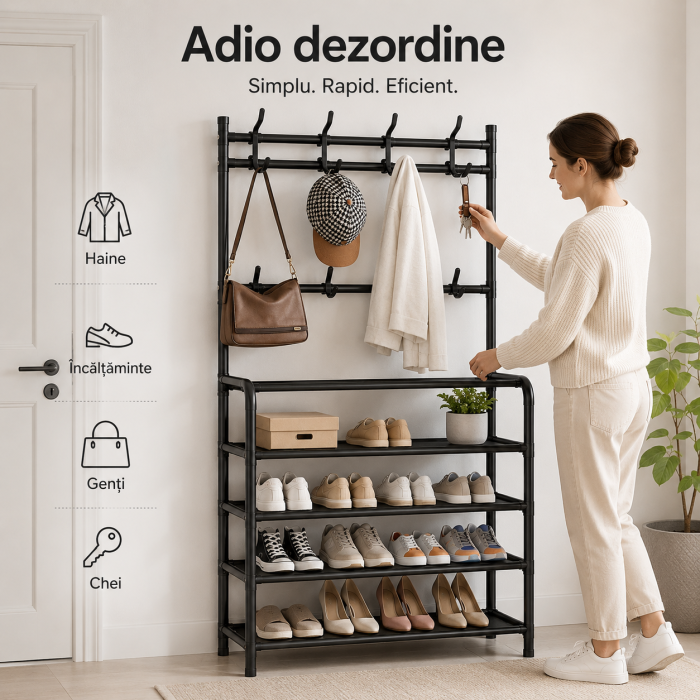Cuier metalic multifunctional cu 5 rafturi si 8 carlige, 168x60x26 cm, negru [5]
