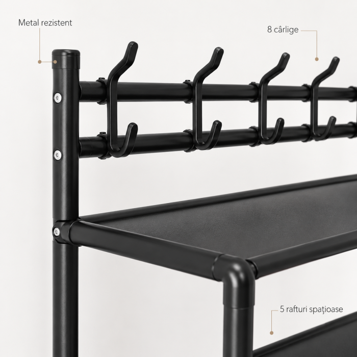 Cuier metalic multifunctional cu 5 rafturi si 8 carlige, 168x60x26 cm, negru [4]