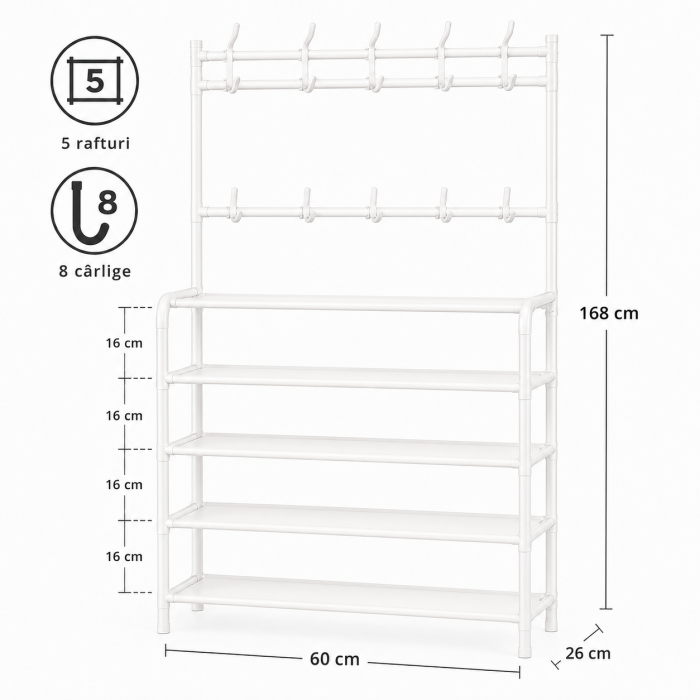 Cuier metalic multifunctional cu 5 rafturi si 8 carlige, 168x60x26 cm, alb [3]
