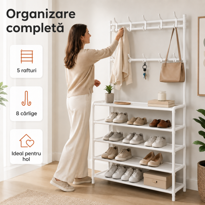 Cuier metalic multifunctional cu 5 rafturi si 8 carlige, 168x60x26 cm, alb [2]