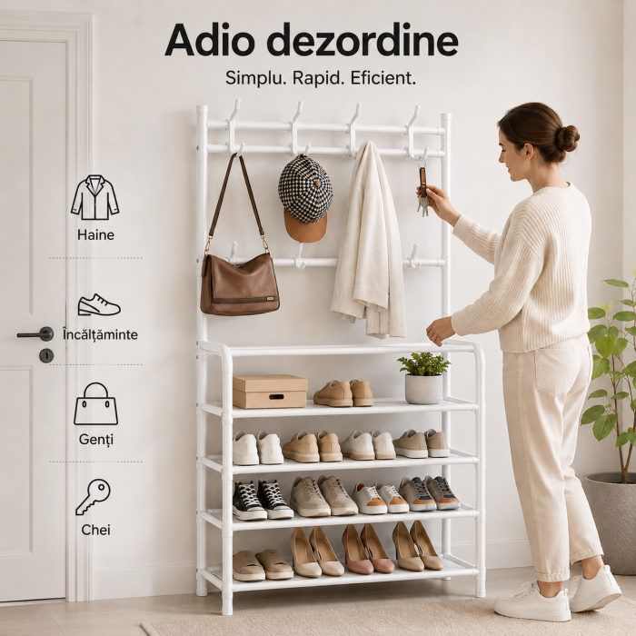 Cuier metalic multifunctional cu 5 rafturi si 8 carlige, 168x60x26 cm, alb [5]