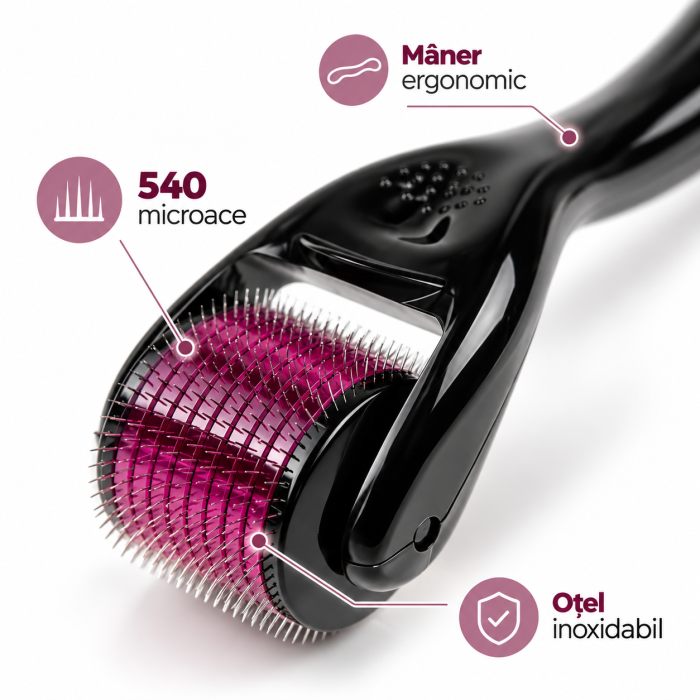 Dermo Roller Cosmetic negru, dispozitiv manual pentru îngrijirea pielii, prevăzut cu 540 de microace din oțel. [5]