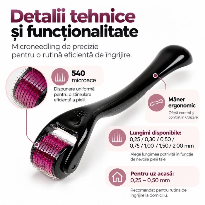 Dermo Roller Cosmetic negru, dispozitiv manual pentru îngrijirea pielii, prevăzut cu 540 de microace din oțel. [6]