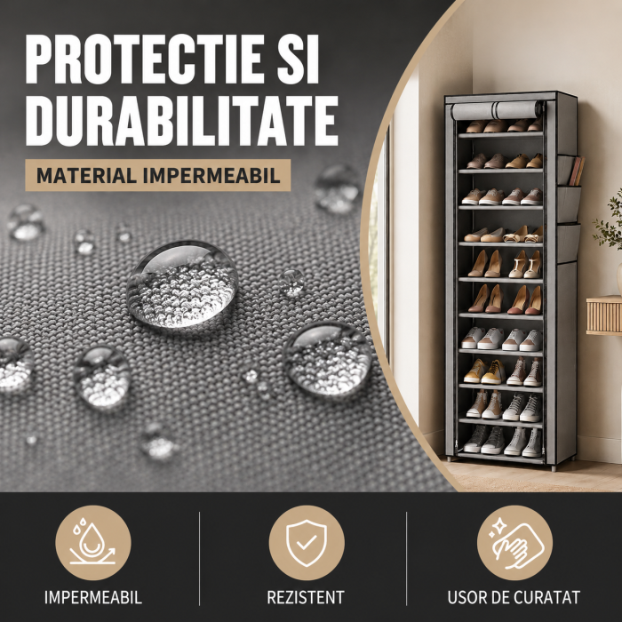 Dulap textil pentru pantofi, organizator vertical ingust, 10 niveluri, gri, cu fermoare laterale [3]