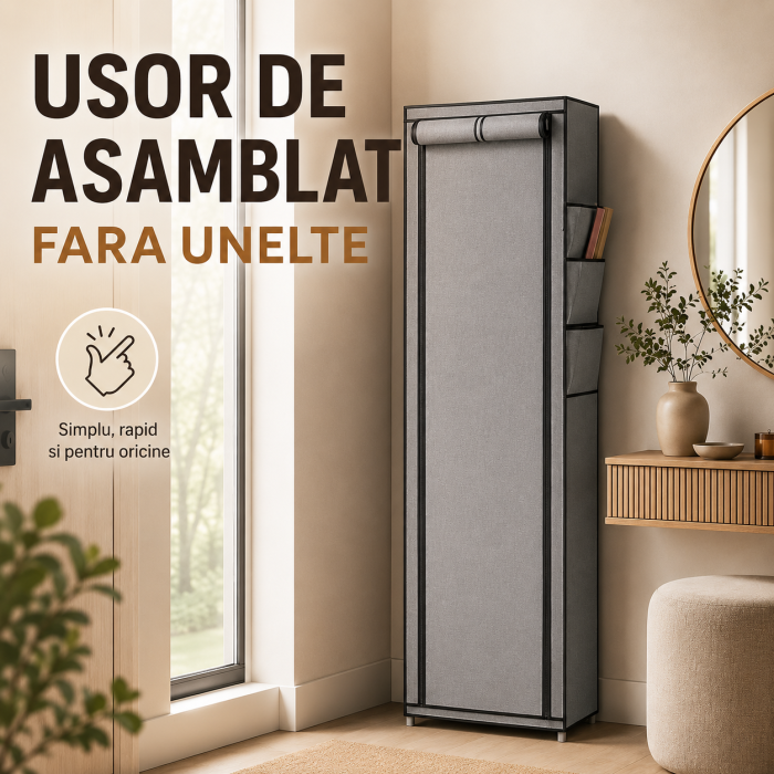 Dulap textil pentru pantofi, organizator vertical ingust, 10 niveluri, gri, cu fermoare laterale [5]