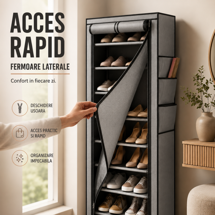 Dulap textil pentru pantofi, organizator vertical ingust, 10 niveluri, gri, cu fermoare laterale [4]