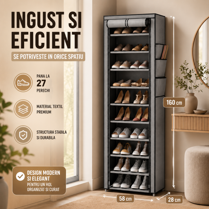 Dulap textil pentru pantofi, organizator vertical ingust, 10 niveluri, gri, cu fermoare laterale [2]