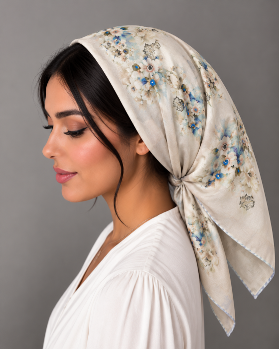 Esarfa patrata din bumbac 90 x 90 cm, Crem Floral Bleu-Bej, cu imprimeu floral delicat in tonuri bleu si bej. [2]