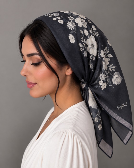 Esarfa patrata din bumbac 90 x 90 cm, Negru Floral Ivoire, cu imprimeu floral ivoire si gri deschis. [2]