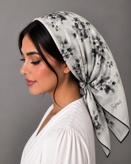 Esarfa patrata din bumbac 90 x 90 cm, Gri Perlat Floral Negru, cu imprimeu floral monocrom negru si gri. [2]