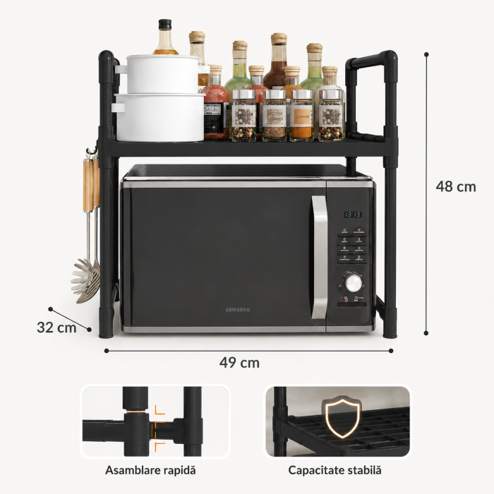 Etajera pentru cuptor cu microunde, organizator bucatarie, plastic negru, 49x48x32 cm [4]