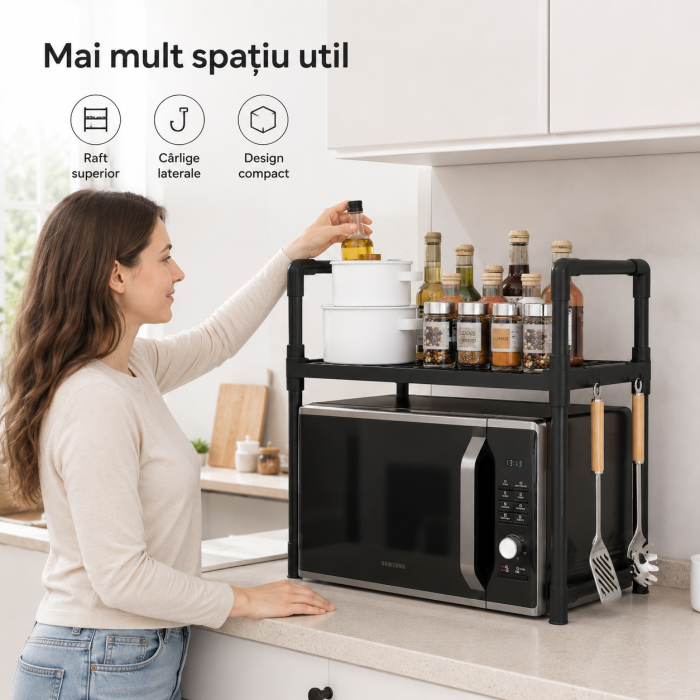Etajera pentru cuptor cu microunde, organizator bucatarie, plastic negru, 49x48x32 cm [2]