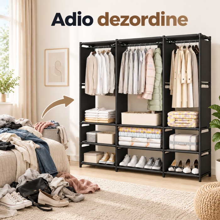 Garderoba textila pentru haine 130 x 36 x 170 cm, negru, cu cadru metalic, bara pentru umerase, rafturi de depozitare si husa impermeabila antipraf. [3]