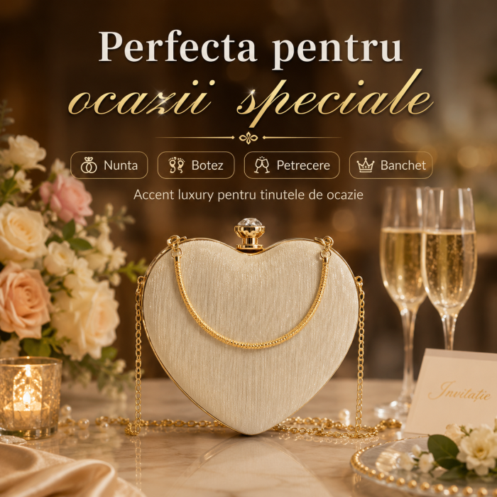 Geanta Clutch Inima cu Strasuri si Lant Auriu, Crem [5]