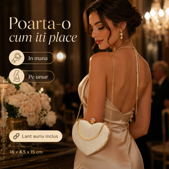 Geanta Clutch Inima cu Strasuri si Lant Auriu, Crem [4]