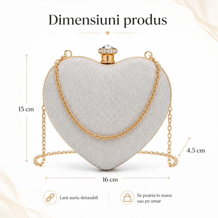 Geanta Clutch Inima Gri cu Strasuri si Lant Auriu [2]