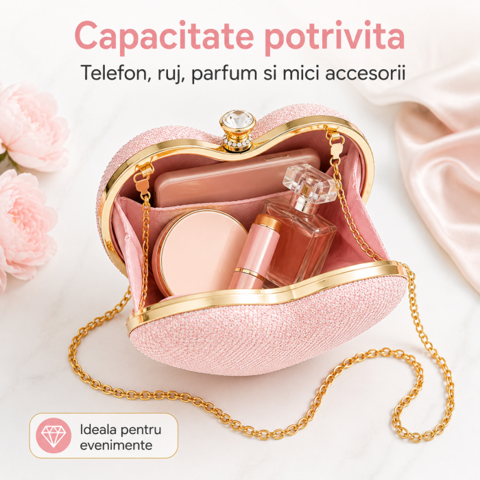 Geanta Clutch Inima Roz cu Strasuri si Lant Auriu [4]