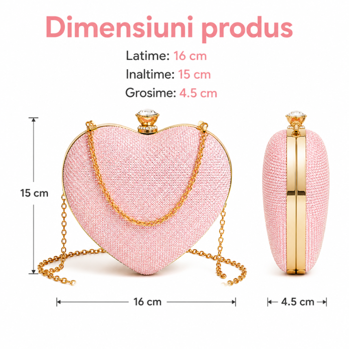 Geanta Clutch Inima Roz cu Strasuri si Lant Auriu [5]
