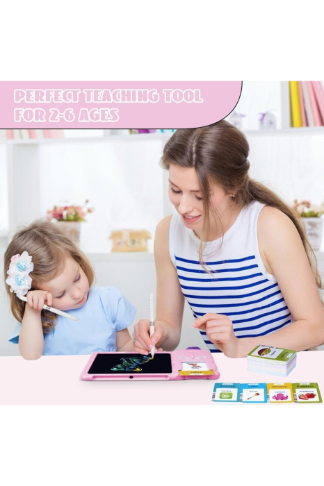 Jucarie educativa Montessori tip Ursulet Roz cu Tabla LCD, Fise de recunoastere si stilou, 3+, pentru copii - imagine principala produs [4]